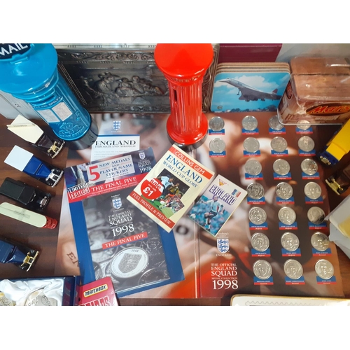 135 - Collectables to include Corgi vans, Concorde drinks mats, 1998 football collectors coins, a Matchbox... 