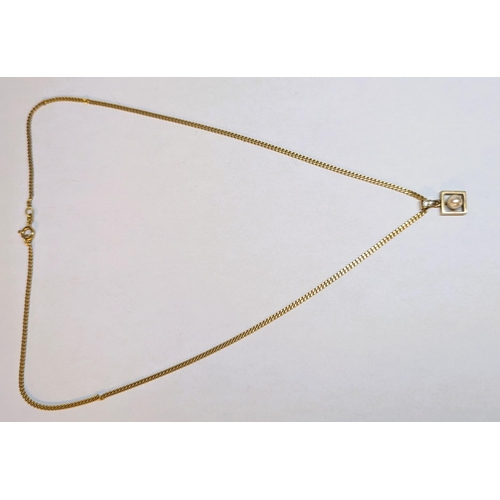 138 - A stamped 750, 18ct gold link necklace having a 9ct gold pendant inset with a seed pearl and a pair ... 