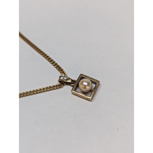 138 - A stamped 750, 18ct gold link necklace having a 9ct gold pendant inset with a seed pearl and a pair ... 