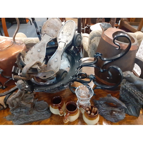 213 - Vintage items to include a Victorian copper kettle and mid 20th century roller skates, A/F
Location:... 