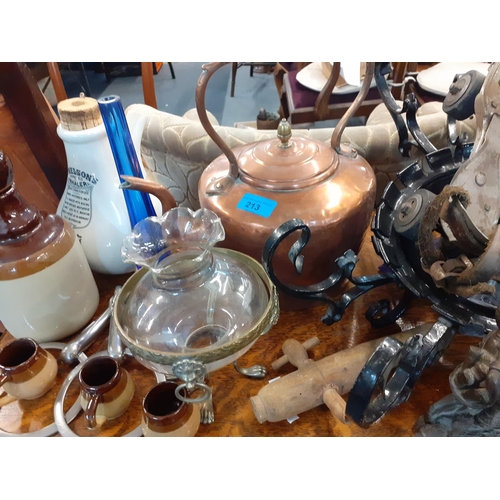 213 - Vintage items to include a Victorian copper kettle and mid 20th century roller skates, A/F
Location:... 