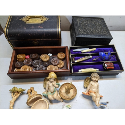 24 - A mixed lot to include a draughts set, Indian carved box, pin head dolls, sterling silver enamel hai... 