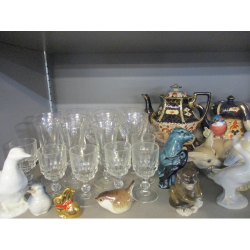 248 - A mixed lot of glass and ceramics to include Lladro geese and dog models, Royal Albert part teaset, ... 