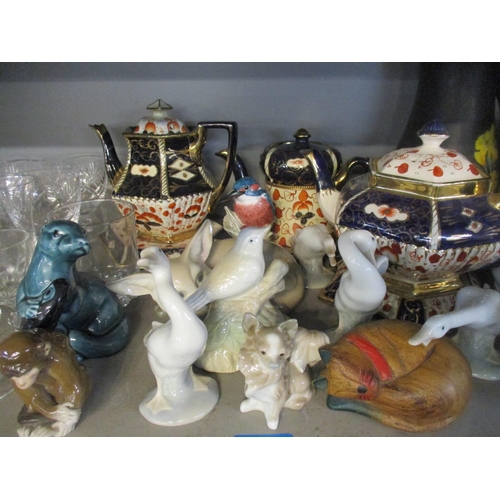 248 - A mixed lot of glass and ceramics to include Lladro geese and dog models, Royal Albert part teaset, ... 