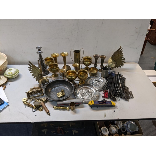 30 - A mixed lot to include Georgian pewter, brassware to include a Middle Eastern tea pot, 00 gauge acce... 