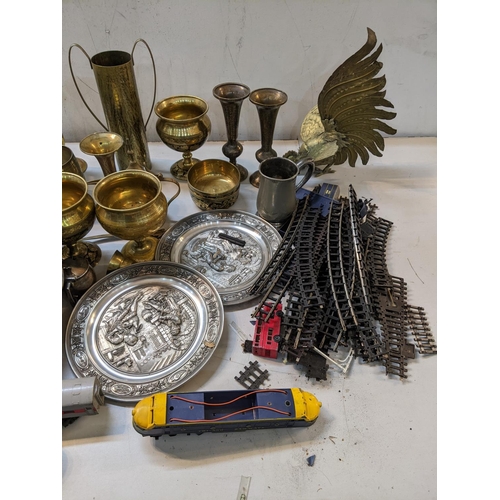 30 - A mixed lot to include Georgian pewter, brassware to include a Middle Eastern tea pot, 00 gauge acce... 