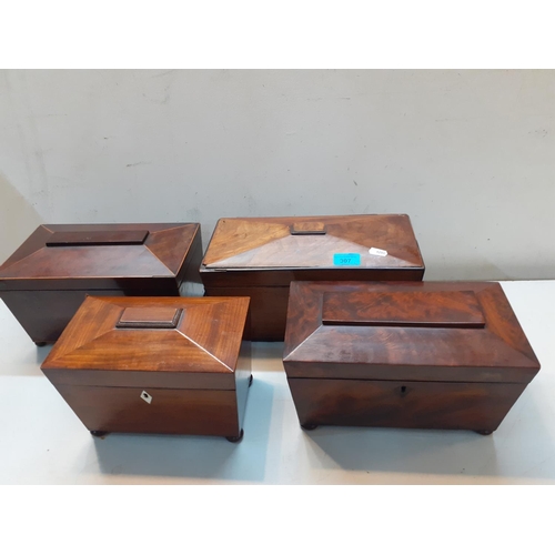 307 - Four Regency sarcophagus tea caddies, one in rosewood and the others in mahogany, Location: 5:1