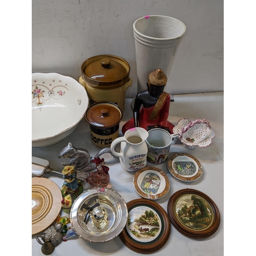 36 - A mixed lot to include Victorian fire irons, resin pricket stand, wash bowl, nut cracker and other i... 