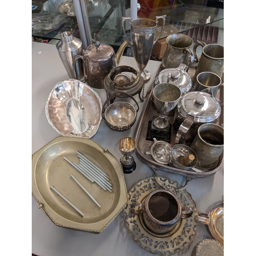 42 - Mixed silver plate to include a three branch candlestick, tea pot, twin handled tray and other items... 