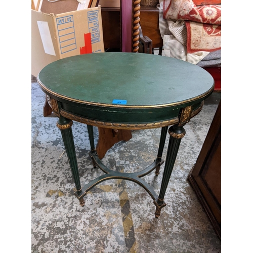 44 - A French green and gilt painted oval table together with a Georgian oak corner cabinet
Location: G