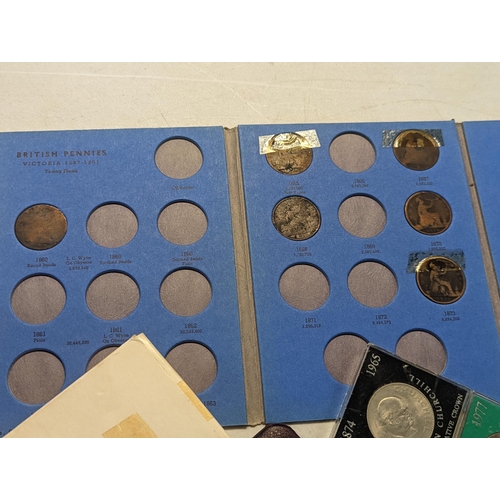 56 - Mixed British coinage to include 'Whitman' coin folders of pennies, half pennies, brass threepence a... 