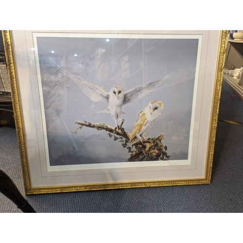 63 - A limited edition signed print of Spencer Hodge 'barn owls, framed and glazed, 73.5cm x 81.2cm, toge... 