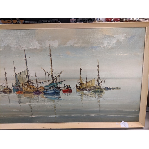 281 - Jorge Aguilar Agon - circa 1966 an oil on canvas depicting moored boats, signed to the lower left co... 