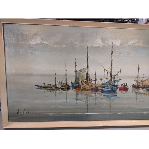 281 - Jorge Aguilar Agon - circa 1966 an oil on canvas depicting moored boats, signed to the lower left co... 