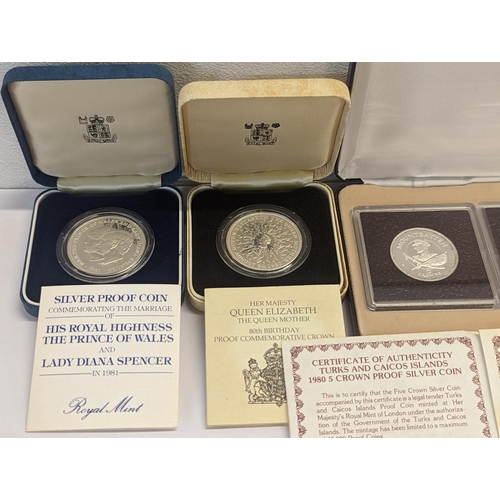 346 - A Group of silver proof commemorative crowns to include a box set of three 1980 Mountbatten crowns, ... 