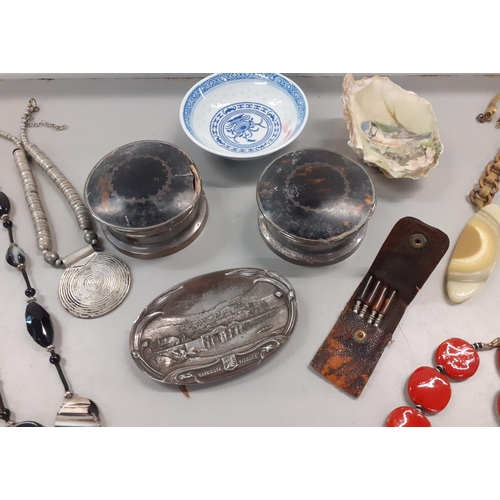 359 - Two early 20th century silver and tortoiseshell powder pots, A/F, mixed late 20th century necklaces ... 