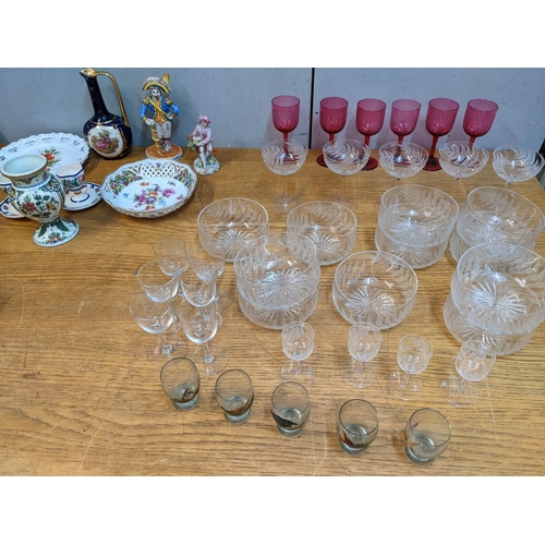 196 - Ceramics and glassware to include a set of six early 20th century cranberry glasses with fern decora... 