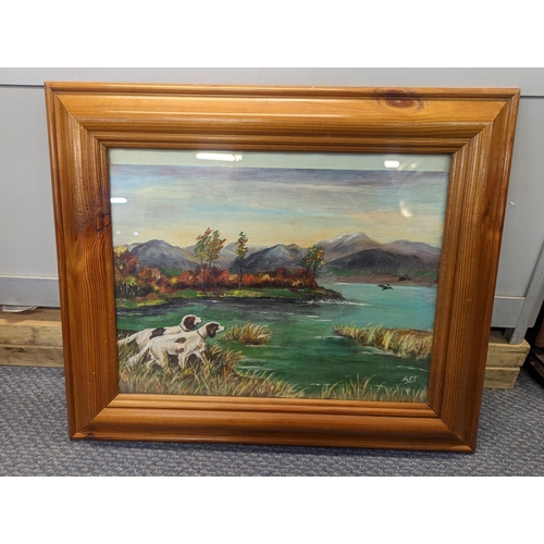 364 - AES - a lake scene with hounds looking at ducks, oil on board, initial, framed and glazed
Location: ... 