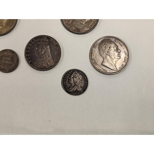 370 - British Silver coinage to include a 1757, a George II sixpence, 1817 George III half crown, an 1836 ... 