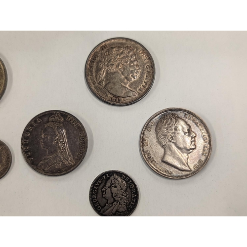 370 - British Silver coinage to include a 1757, a George II sixpence, 1817 George III half crown, an 1836 ... 