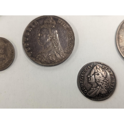 370 - British Silver coinage to include a 1757, a George II sixpence, 1817 George III half crown, an 1836 ... 