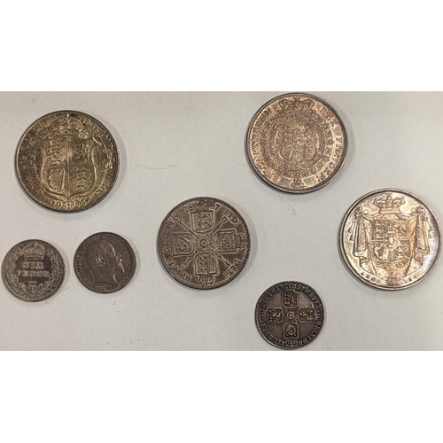 370 - British Silver coinage to include a 1757, a George II sixpence, 1817 George III half crown, an 1836 ... 