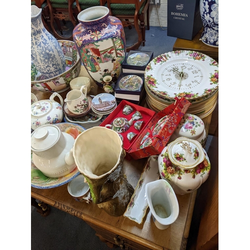 377 - Ceramics and glassware to include decanters, silver decanter labels, silver topped dressing table po... 