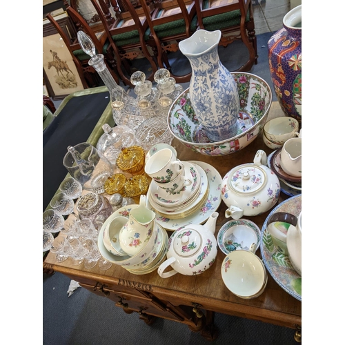 377 - Ceramics and glassware to include decanters, silver decanter labels, silver topped dressing table po... 