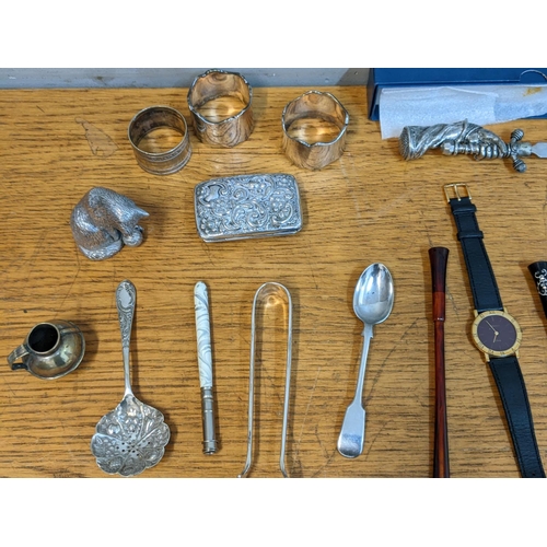 397 - Collectables to include silver plate, a Waterman watch, nurses watches, napkin rings and other items... 