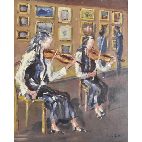 241 - Ivan Sutton (b. 1944) Irish, 'Musicians at art gallery', signed lower right, oil on board, within gl... 