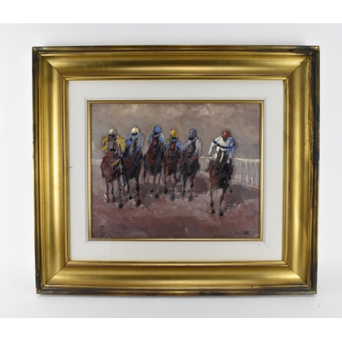 242 - Ivan Sutton (b. 1944) Irish, 'Racing at Punchestown', signed lower left, oil on board, within glazed... 