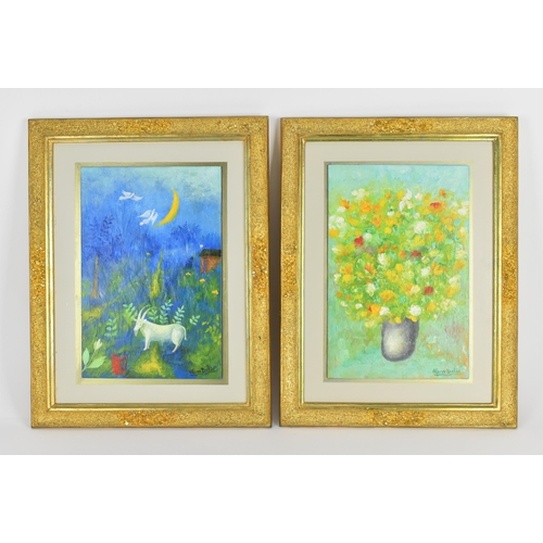 247 - Hans Belin (1936-2007) Swedish, a pair of Chagall style paintings, one with a goat and doves at nigh... 