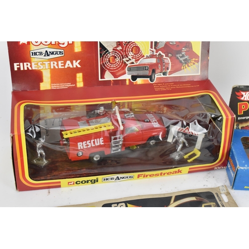 255 - A 1982 Hot Wheels boxed 'Play Settings' Firefighting scene, a Corgi 1001 HCB-Angus Firestreak, along... 