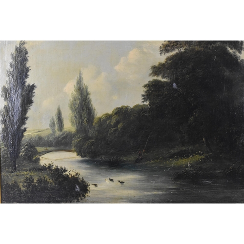 284 - British School, 19th century, depicting an early salmon fisherman on the bank with ducks on a river ... 