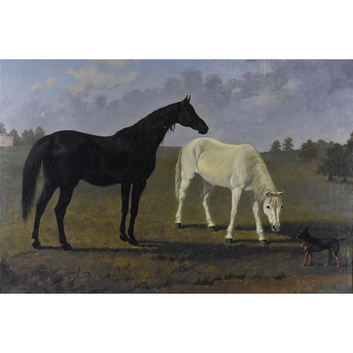 285 - A 19th Century German equestrian painting, depicting two horses and a dog in a field, oil on canvas,... 