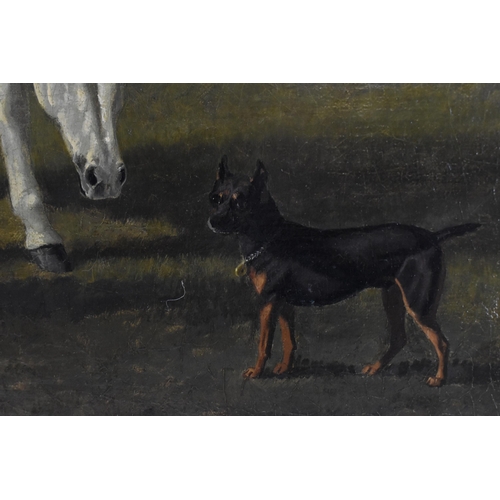 285 - A 19th Century German equestrian painting, depicting two horses and a dog in a field, oil on canvas,... 