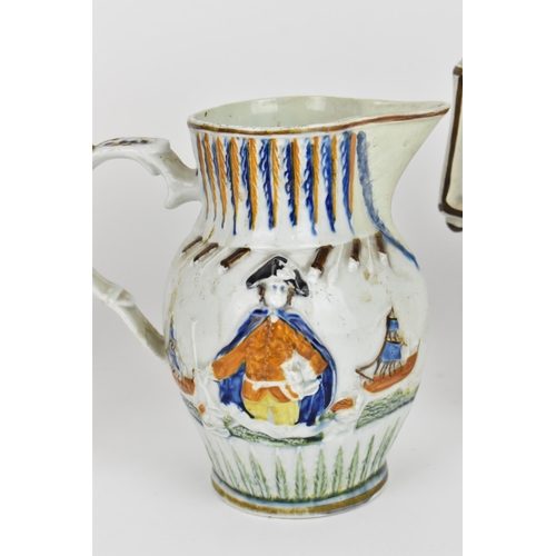 289 - Three late 18th/early nineteenth century prattware moulded jugs, to include two naval theme ones, wi... 