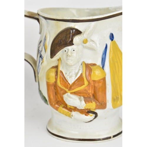 289 - Three late 18th/early nineteenth century prattware moulded jugs, to include two naval theme ones, wi... 