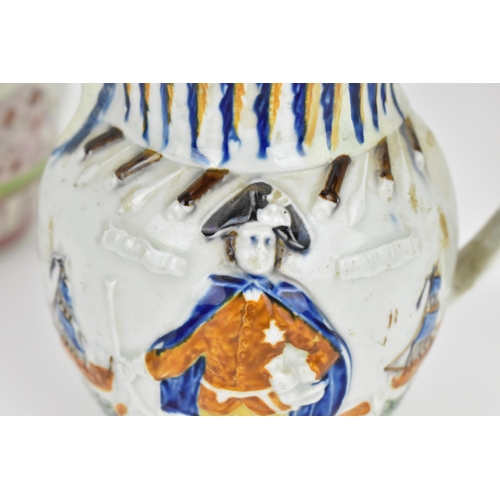 289 - Three late 18th/early nineteenth century prattware moulded jugs, to include two naval theme ones, wi... 