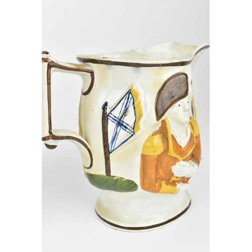 289 - Three late 18th/early nineteenth century prattware moulded jugs, to include two naval theme ones, wi... 