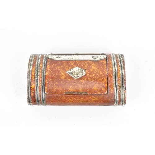 292 - A 19th century lacquer snuff box mounted with white metal fittings, the red and mottled gilt exterio... 