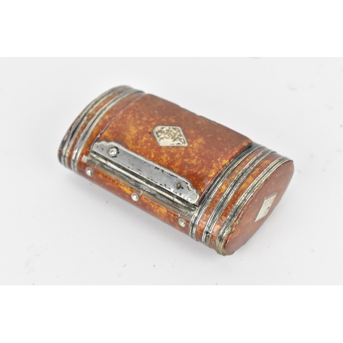 292 - A 19th century lacquer snuff box mounted with white metal fittings, the red and mottled gilt exterio... 