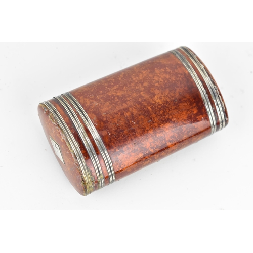 292 - A 19th century lacquer snuff box mounted with white metal fittings, the red and mottled gilt exterio... 