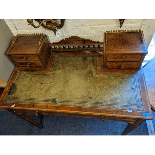 482 - An Edwardian writing desk having boxwood inlaid with green leather top and on tapered legs 93cm h x ... 