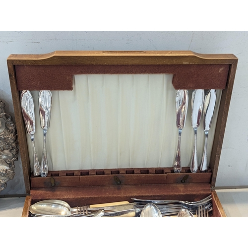 515 - Mixed silver plate and metalware to include trays, one floral decorated example and mixed flatware t... 