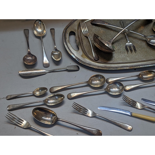 515 - Mixed silver plate and metalware to include trays, one floral decorated example and mixed flatware t... 