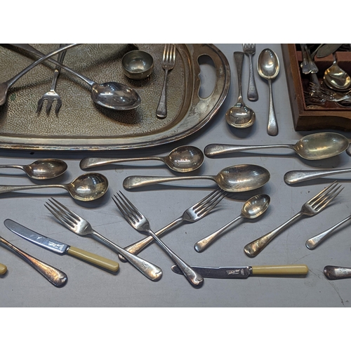 515 - Mixed silver plate and metalware to include trays, one floral decorated example and mixed flatware t... 