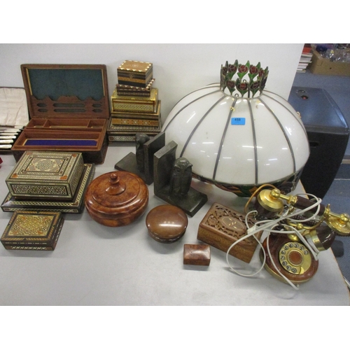 458 - A mixed lot of wooden items to include an Indian carved wooden jewellery box, Middle Eastern Khatam ... 