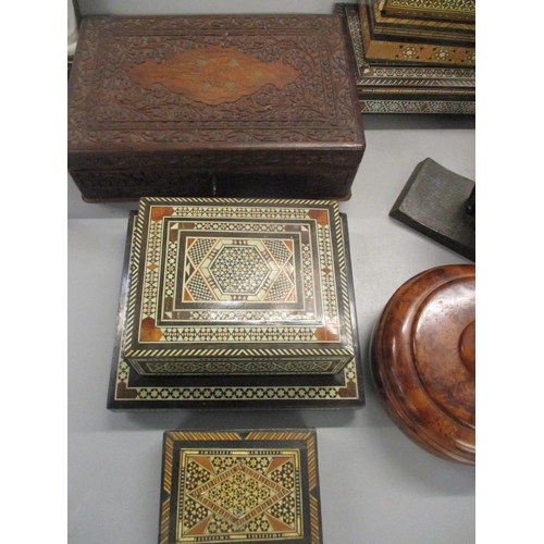 458 - A mixed lot of wooden items to include an Indian carved wooden jewellery box, Middle Eastern Khatam ... 