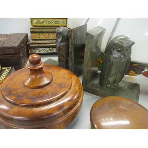 458 - A mixed lot of wooden items to include an Indian carved wooden jewellery box, Middle Eastern Khatam ... 